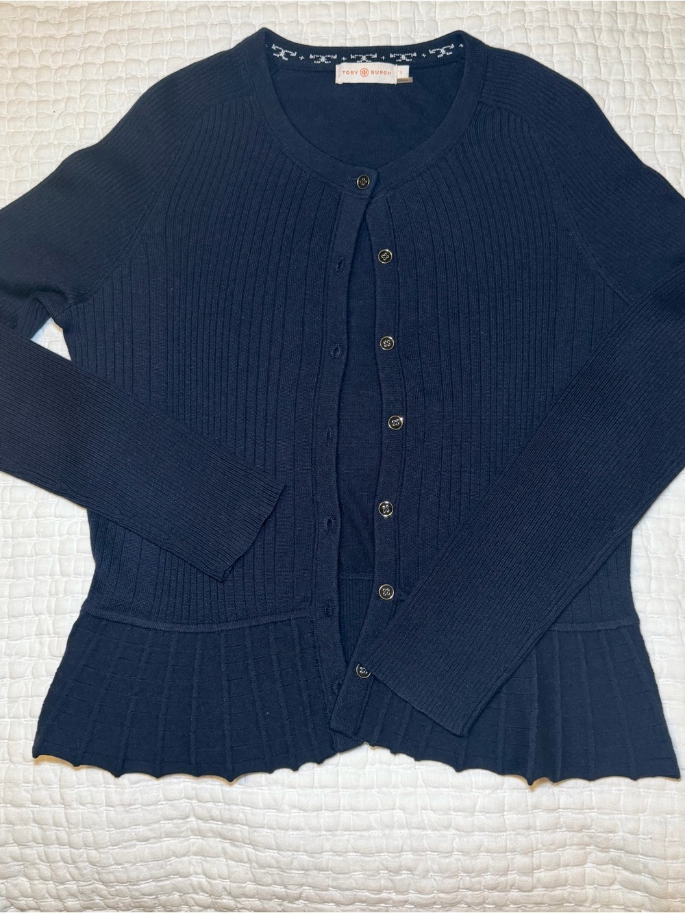 Tory Burch Navy Ribbed Button Cardigan with Peplum Hem